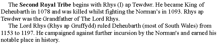 Text Box:      The Second Royal Tribe begins with Rhys (I) ap Tewdwr. He became King of Deheubarth in 1078 and was killed whilst fighting the Normans in 1093. Rhys ap Tewdwr was the Grandfather of The Lord Rhys.     The Lord Rhys (Rhys ap Gruffydd) ruled Deheubarth (most of South Wales) from 1153 to 1197. He campaigned against further incursion by the Norman's and earned his notable place in history.
