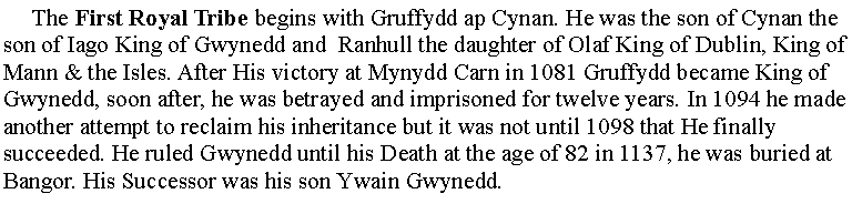 Text Box:      The First Royal Tribe begins with Gruffydd ap Cynan. He was the son of Cynan the son of Iago King of Gwynedd and  Ranhull the daughter of Olaf King of Dublin, King of Mann & the Isles. After His victory at Mynydd Carn in 1081 Gruffydd became King of Gwynedd, soon after, he was betrayed and imprisoned for twelve years. In 1094 he made another attempt to reclaim his inheritance but it was not until 1098 that He finally succeeded. He ruled Gwynedd until his Death at the age of 82 in 1137, he was buried at Bangor. His Successor was his son Ywain Gwynedd.