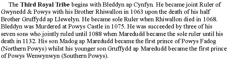Text Box:      The Third Royal Tribe begins with Bleddyn ap Cynfyn. He became joint Ruler of Gwynedd & Powys with his Brother Rhiwallon in 1063 upon the death of his half Brother Gruffydd ap Llewelyn. He became sole Ruler when Rhiwallon died in 1068. Bleddyn was Murdered at Powys Castle in 1075. He was succeeded by three of his seven sons who jointly ruled until 1088 when Maredudd became the sole ruler until his death in 1132. His son Madog ap Maredudd became the first prince of Powys Fadog (Northern Powys) whilst his younger son Gruffydd ap Maredudd became the first prince of Powys Wenwynwyn (Southern Powys).